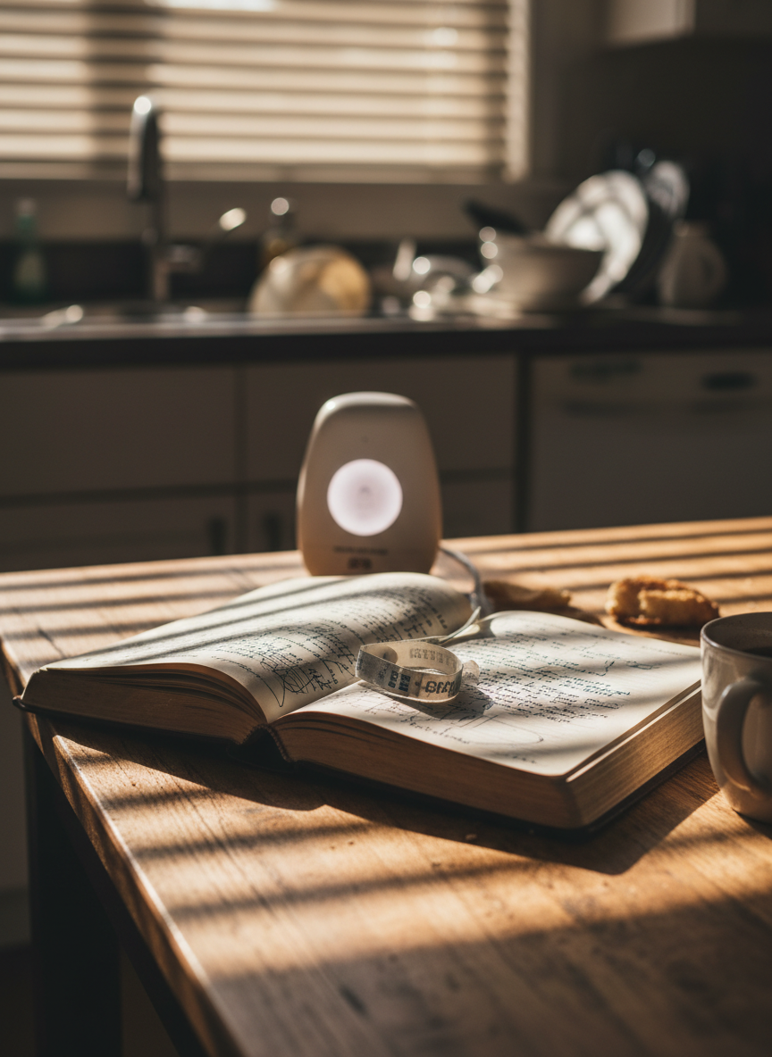 A well-worn hardcover journal with a cracked leather spine and dog-eared pages lies open on a scuffed wooden kitchen table, crumbs and a half-finished mug of coffee nearby. A single baby monitor glows softly in the background beside a sink full of unwashed dishes, all rendered in crisp photographic realism. Late afternoon light slants through half-closed blinds, carving bold stripes of shadow across the pages and highlighting scribbled notes, crossed-out sentences, and a hastily tucked-in hospital bracelet. Shot at eye level using a shallow depth of field, the journal is sharply in focus while the chaotic kitchen blurs into bokeh, creating a raw, honest atmosphere that feels both intimate and unvarnished.