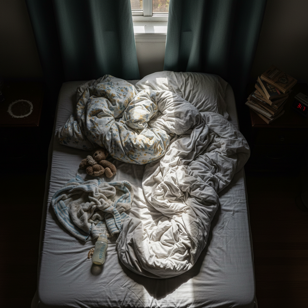 An unmade bed with crumpled, off-white cotton sheets and a single faded floral comforter pushed to one side, bathed in the harsh contrast of early morning light slicing through partially open blackout curtains. On one side of the bed, a small, threadbare stuffed animal lies tangled with a baby blanket and a baby bottle tipped on its side, a ring of dried milk circling the nightstand. On the other side, a stack of closed, dog-eared paperback novels leans next to a dim digital alarm clock showing 3:17 a.m. Photographic realism, shot from above with a wide frame that leaves pockets of shadow at the edges, creating a raw, vulnerable, emotionally heavy atmosphere that suggests sleepless nights and hard-won survival.