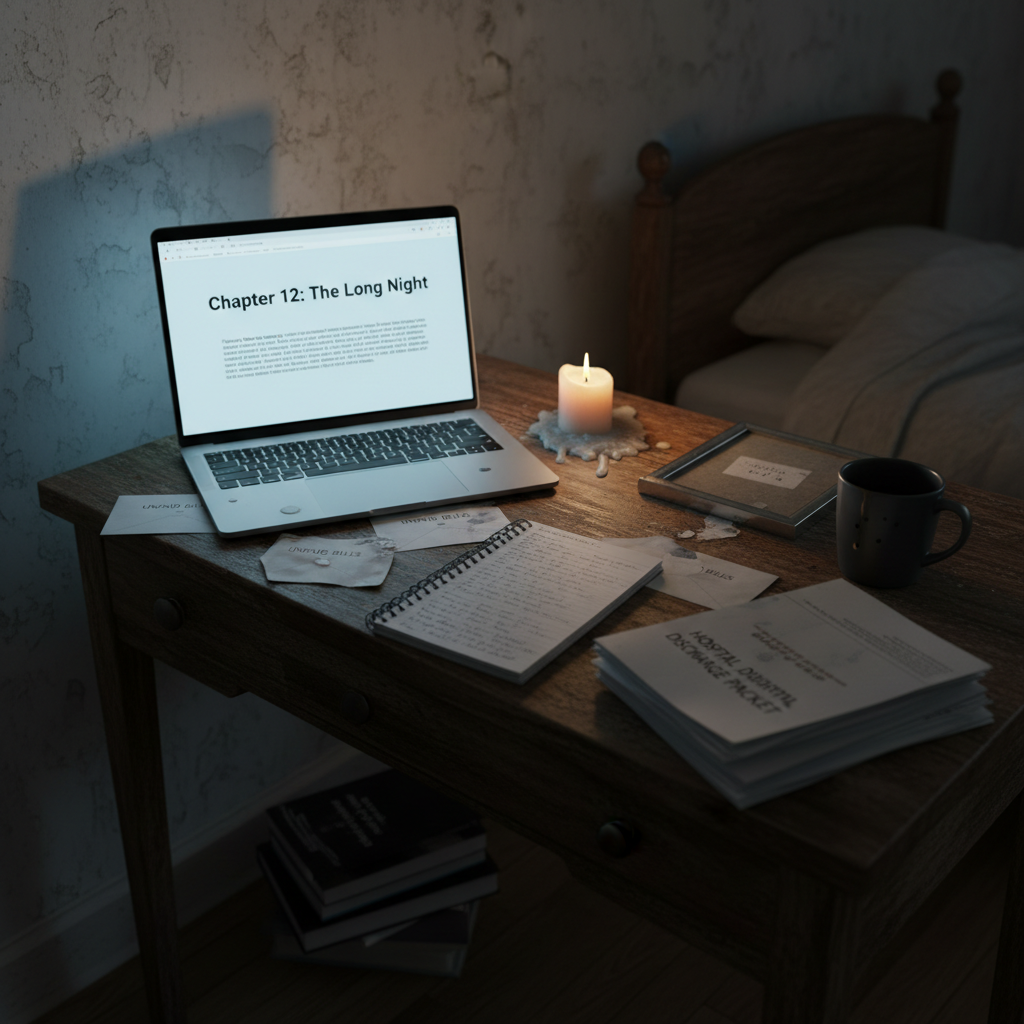 A weathered wooden writing desk pushed against a bedroom wall, its surface cluttered with a laptop displaying an unfinished document titled “Chapter 12,” a spiral notebook filled with messy handwriting, and a single, slightly bent family photo frame turned face down. A candle burned low pools wax beside a chipped black coffee mug, coffee stains forming imperfect rings across unpaid bills and a hospital discharge packet. The room is lit only by the cool glow of the laptop screen and the dim, warm light of the candle, creating dramatic shadows and a cinematic chiaroscuro effect. Photographic realism, shot at a three-quarter angle with a shallow depth of field, evokes a bold, confessional atmosphere of storytelling, survival, and emotional heaviness.