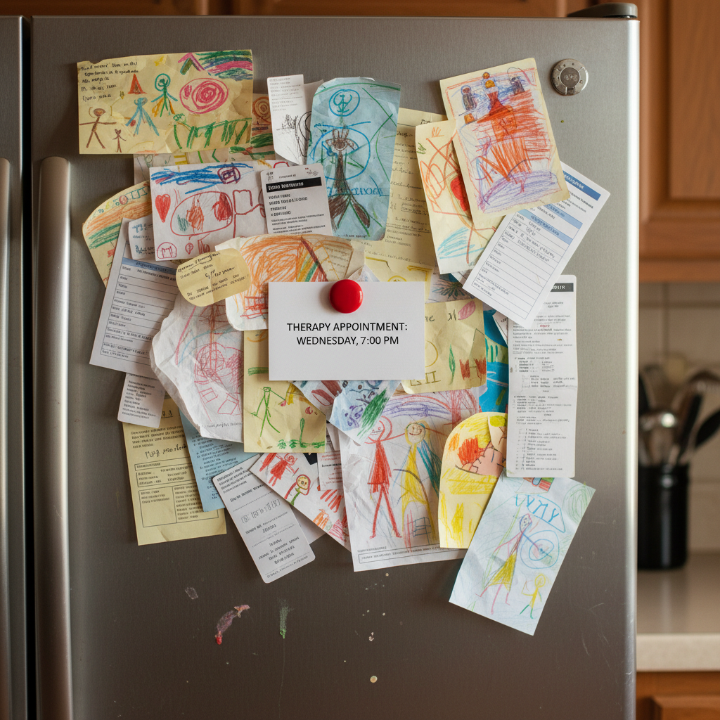 A refrigerator door in photographic realism, covered with a chaotic collage of crayon drawings, school notices, appointment reminder cards, and a single, neatly typed therapy appointment card pinned dead center with a red magnet. The stainless steel surface is slightly smudged with fingerprints and tiny food splatters. Overhead kitchen lighting casts soft, warm reflections on the metal, while a sliver of cool late-evening light spills in from an unseen window, adding a subtle contrast. Shot straight on with a tight, centered composition and moderate depth of field, the background kitchen fades into a gentle blur. The mood is bold, honest, and bittersweet, capturing the tension between everyday family life and the heavy, unspoken undercurrents beneath it.