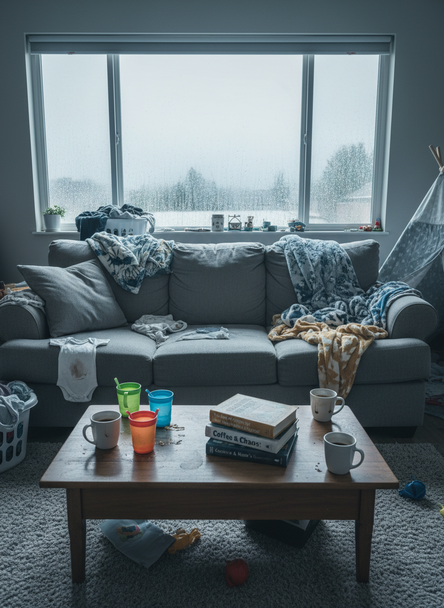 A cozy but cluttered living room in photographic realism, dominated by an overstuffed gray couch sagging in the middle, its cushions indented and covered with mismatched throw blankets and a single small, milk-stained onesie draped over the arm. The coffee table is scattered with sticky sippy cups, cold coffee, and a stack of parenting books with worn corners and sarcastic titles. Outside the window, a rainy, overcast sky diffuses soft, cool light into the room, casting gentle, moody shadows. Shot from a slightly elevated angle with a balanced composition, the scene feels honest and lived-in, capturing the darkly humorous exhaustion and resilience of everyday motherhood without sentimentality.