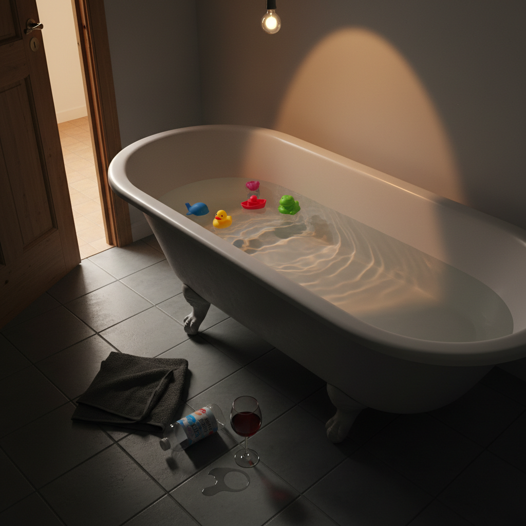A stark yet comforting bathroom scene in photographic realism: a deep white porcelain bathtub half-filled with slightly cloudy water, a scattering of colorful plastic bath toys floating near the surface. On the cool tiled floor, a neatly folded dark gray towel sits beside a nearly empty bottle of bubble bath and a small glass of red wine leaving a faint ring. Above, a single overhead light and the glow from a cracked doorway cast warm, contrasting pools of light and shadow, illuminating subtle water ripples. Shot from a low, side angle, the tub’s edge leads the viewer’s eye into the frame, capturing a mood of stolen solitude, dark humor, and quiet defiance in the middle of chaos.