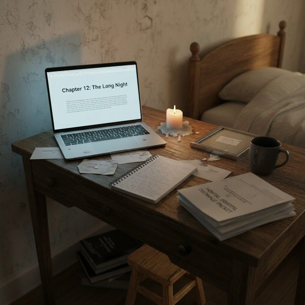 Wooden desk with an open laptop showing 'Chapter 12: The Long Night', scattered papers, notebook, lit candle, and coffee mug