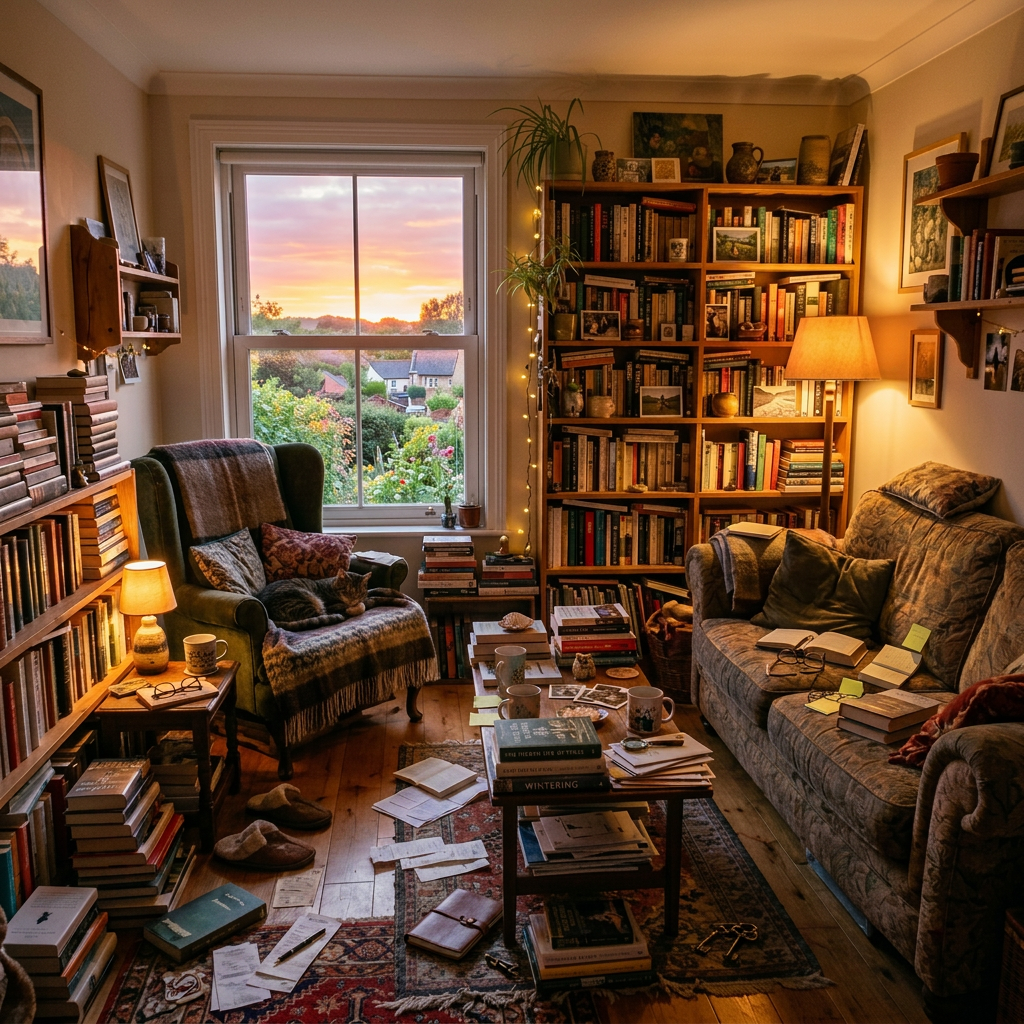 A cozy living room with bookshelves, armchair, sofa, and window showing sunset