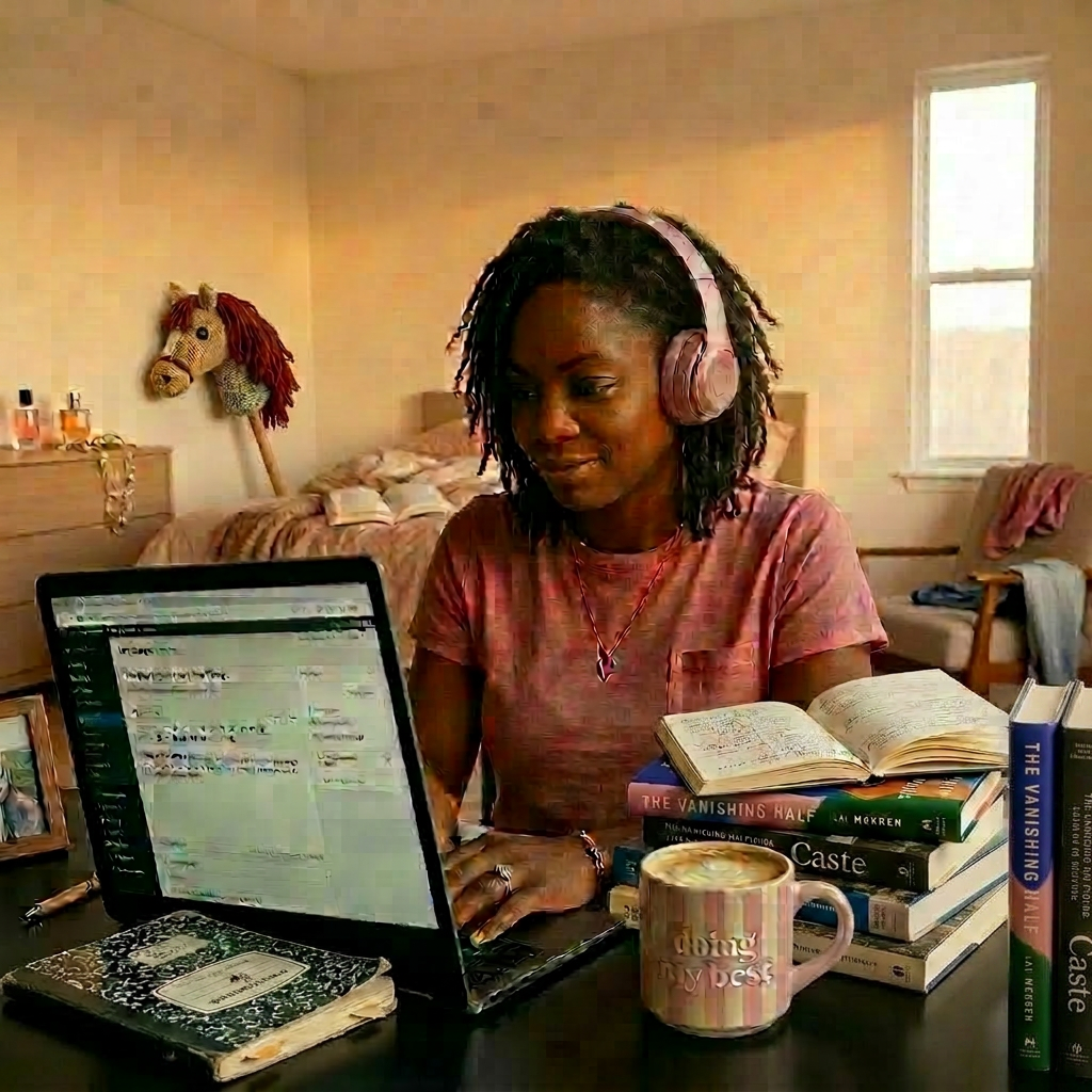 Woman writing a blog post on laptop with coffee and notebook at cafe